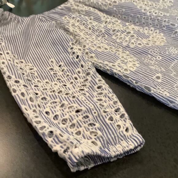 Express Off Shoulder Gathered Peasant Top Floral Eyelet Embroidery Cutouts - Picture 9 of 12